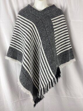 Boho Black White Striped Asymmetrical Poncho Sweater Cloak M READ Description